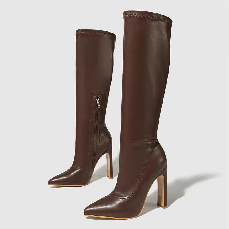 Осень Зима Мягкая Кожа Высокие Каблуки Сапоги до Колена Женская Мода Острый Носок Вечерние Туфли Обувь Zapatos De Mujer