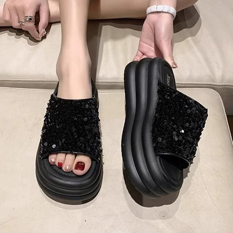 Trendy Black And Silver Thick Sole Sequin Slide Sandals For Women Summer Fashion