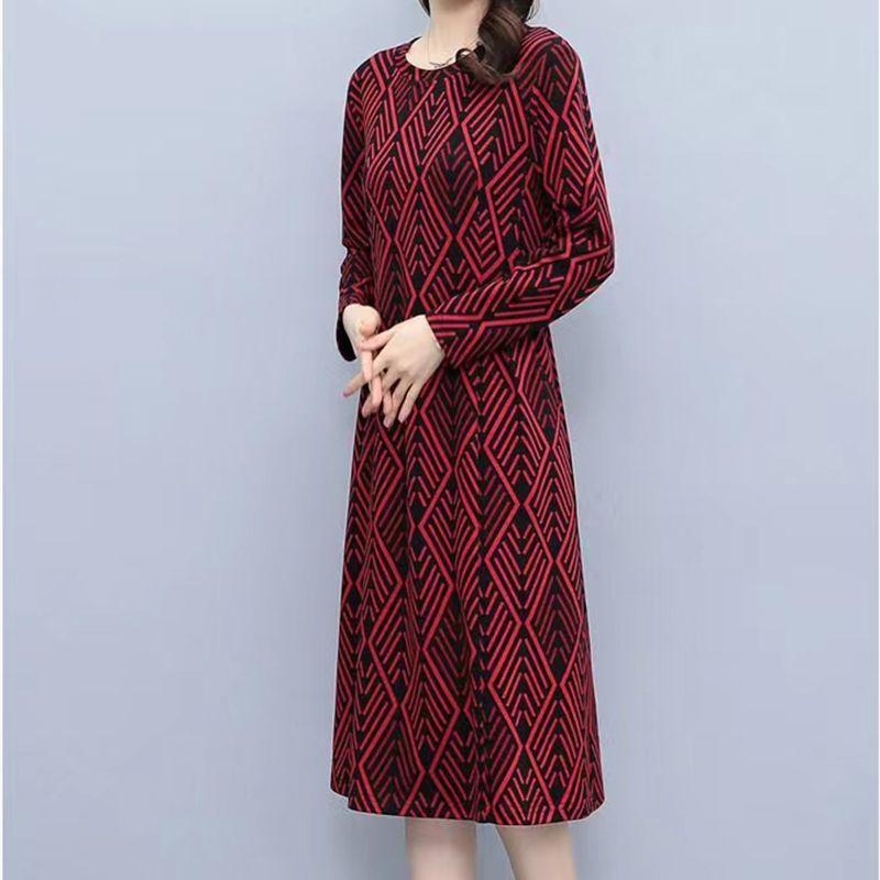 Vintage Fashion Geometric Printed Long Sleeve Dresses for Women Spring Autumn Ladies Round Neck Slim Midi Dress Elegante Vestido