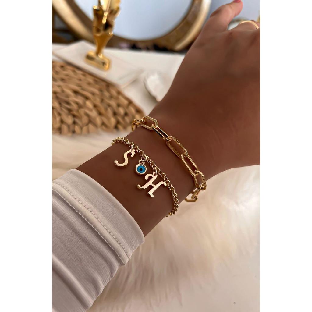 Комбинация браслета-цепочки с золотыми буквами и возможностью выбора детали сглаза 31