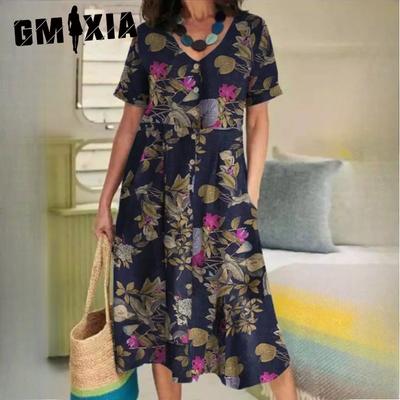 Летнее платье свободного кроя из хлопка и льна с принтом в винтажном этническом стиле с короткими рукавами и большим свободным кроем