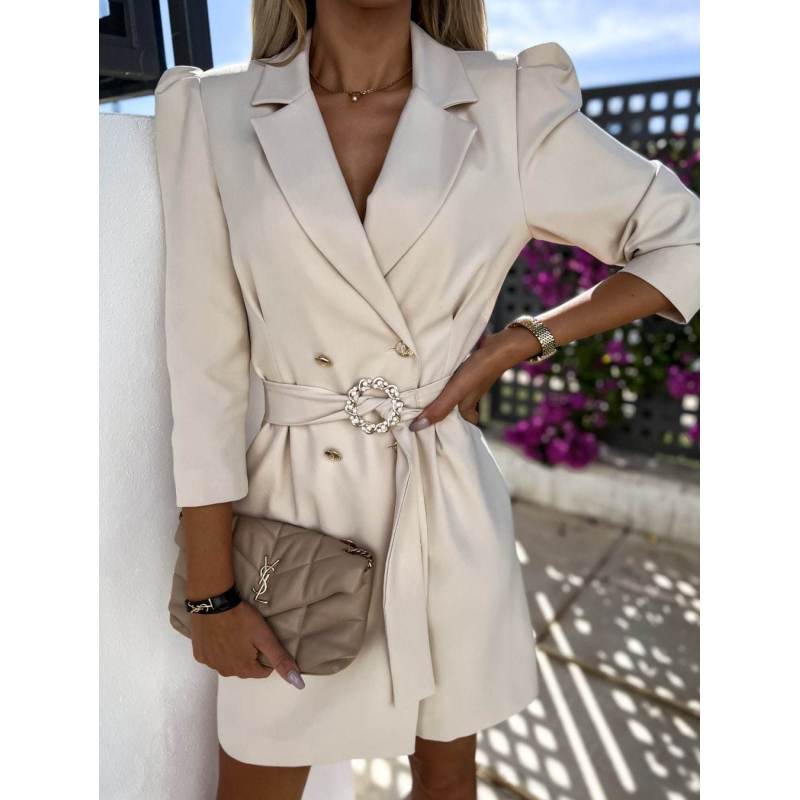 Tooxika Женский новый OL пригородный костюм воротник двубортный талия однотонный тонкий платье с поясом