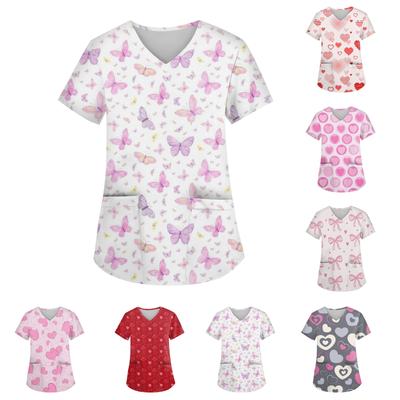 Женский топ с V-образным вырезом, принтом ко Дню святого Валентина, короткими рукавами, карманами и боковыми разрезами, подходит для лиц, осуществляющих уход.