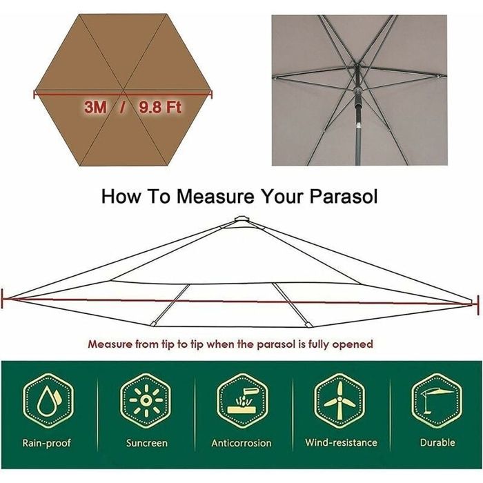 Housse de rechange pour parasol 3 m - 6 baleines - Imperméable anti-UV - Beige (AIMOONSA)