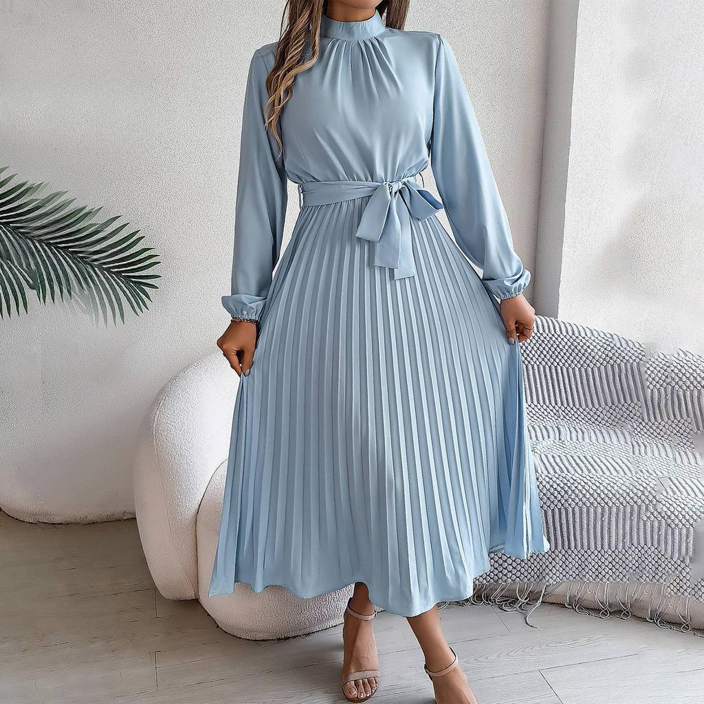 Women's Fashion Retro Solid Color Long Sleeve Waist Pleated Skirt Stand Collar Pullover Dress