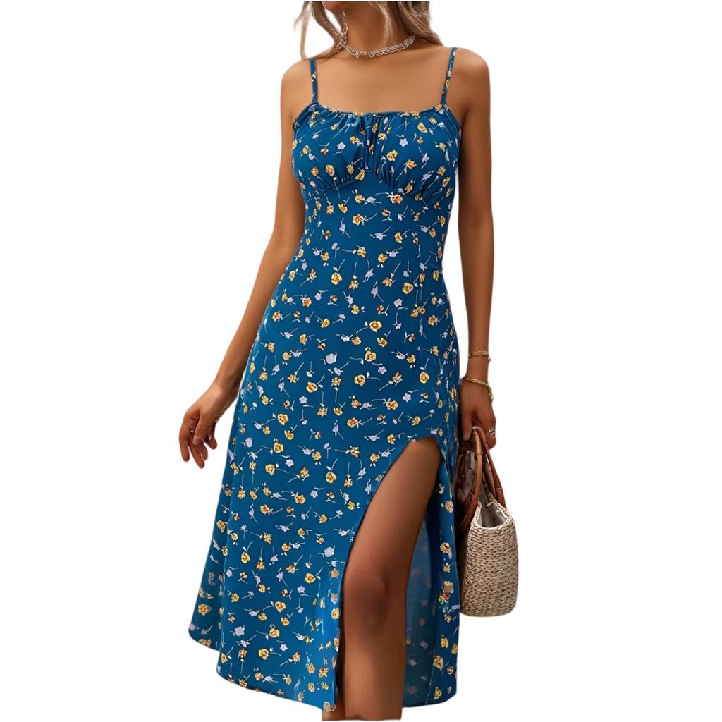 Женские летние платья миди с цветочным принтом, повседневные платья без рукавов с разрезом и рюшами