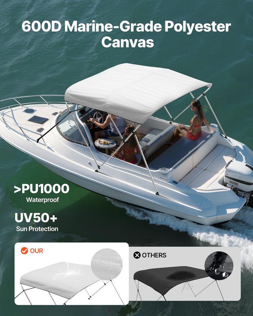 3 Bow Boat Bimini Tops 72"Lx(85"-90")W x 46"H Awning Canopy Light Grey