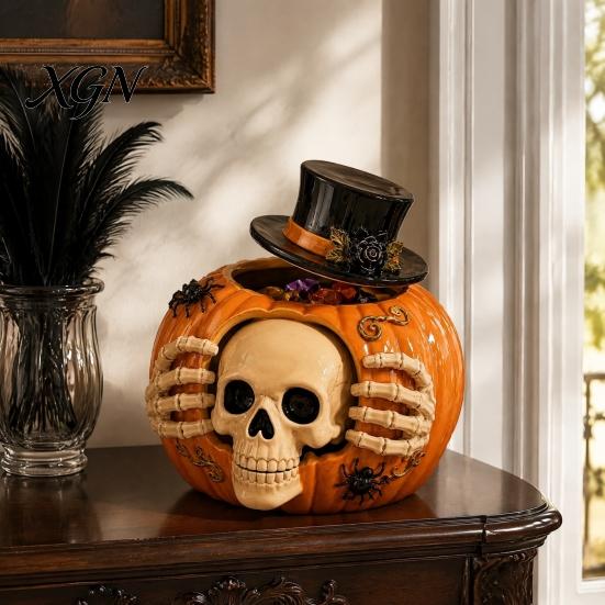 Niche Resin Trinket Holder Halloween Skull Pumpkin Candy Jar with Top Hat Lid, Decorative Creative Craft Gifts Storage Container, Desktop Organizer