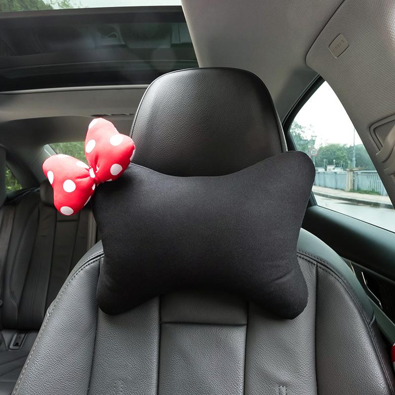 New Breathable Ice Silk Car Neck Pillow Cute Cartoon Red Dot Bow Universal Auto Seat Headrest Waist Support Car Accessories