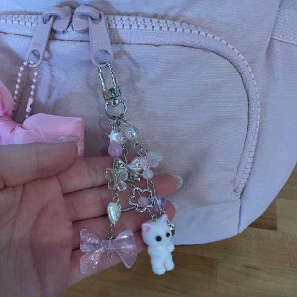 Cartoon Critters Persian Cat Pendant Bead String Car Keyring Soft Flocking Cat Keychain Girl