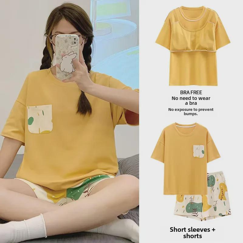 Женский летний пижамный комплект с мультяшным принтом – топ с короткими рукавами и шорты, свободный крой, новый стиль 2024 года