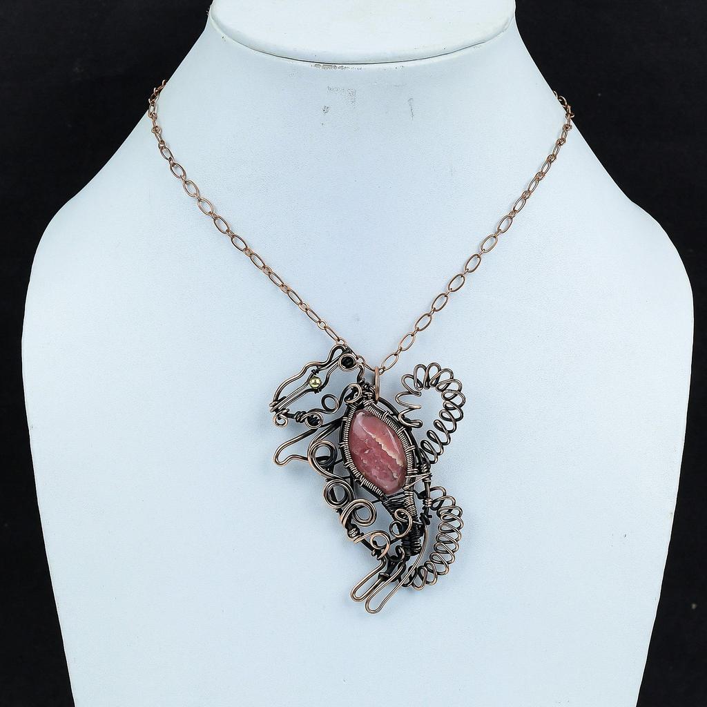 Rhodochrosite Pendant Copper Wire Wrapped Pendant Handmade Rhodochrosite Jewelry Rabbit Gemstone Pendant Copper Wire Jewelry Gifts For Women