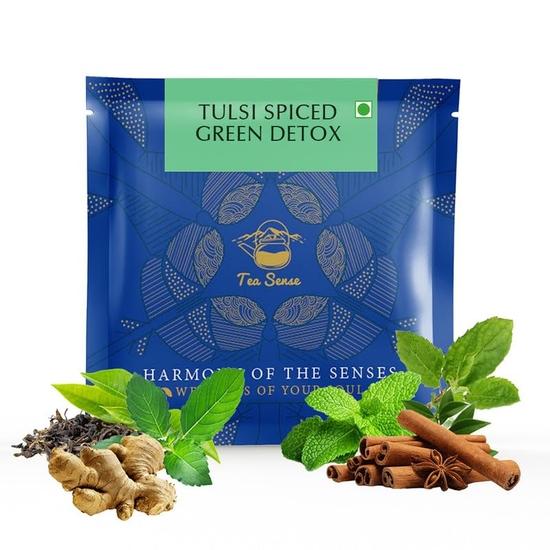 TEA SENSE Tulsi Spiced Green Detox | 15 чайных пакетиков-пирамидок в герметичных пакетиках | Смесь зеленого чая, тулси и индийских трав | Заварено несколько раз