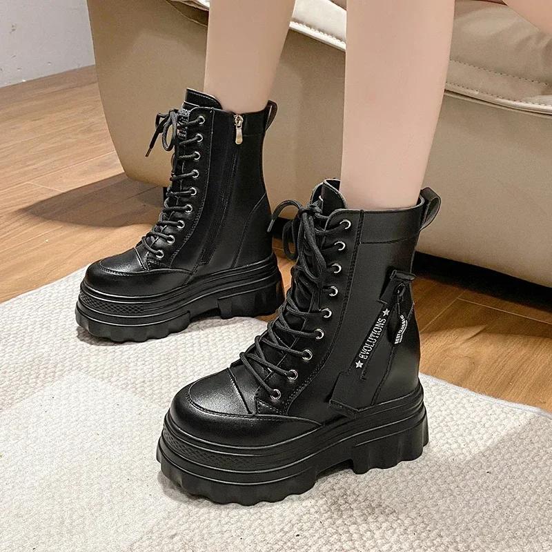 Fashion 9.5CM New Chunky Ankle Boots for Women Thick Heels Motorcycle Punk Boots Autumn Winter Lace-up High Platform Leather Shoes Woman