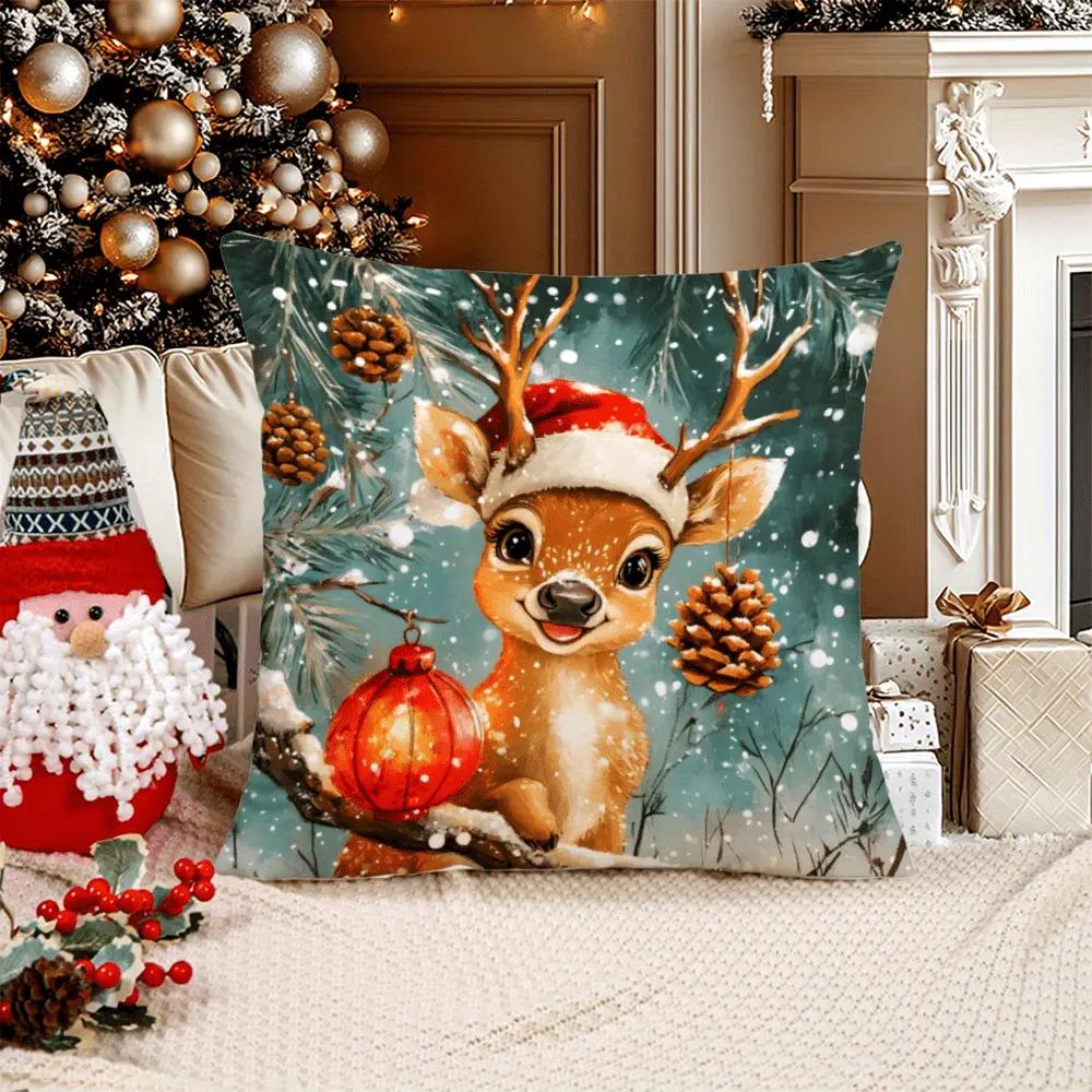 1pc Soft and Comfortable Christmas Deer Pattern Pillowcase- Single-Sided Print, Suitable for Sofa and Bedroom Decoration, Machine Washable, Perfect Ho