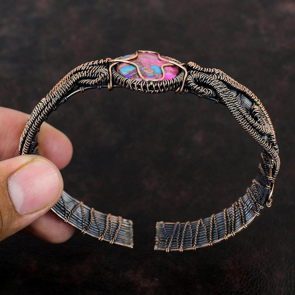 Браслет-манжета Kingman Pink Dahlia Turquoise с драгоценными камнями, браслет-манжета из проволоки, ручная работа, ювелирные изделия из медной проволоки, регулируемый браслет, подарок