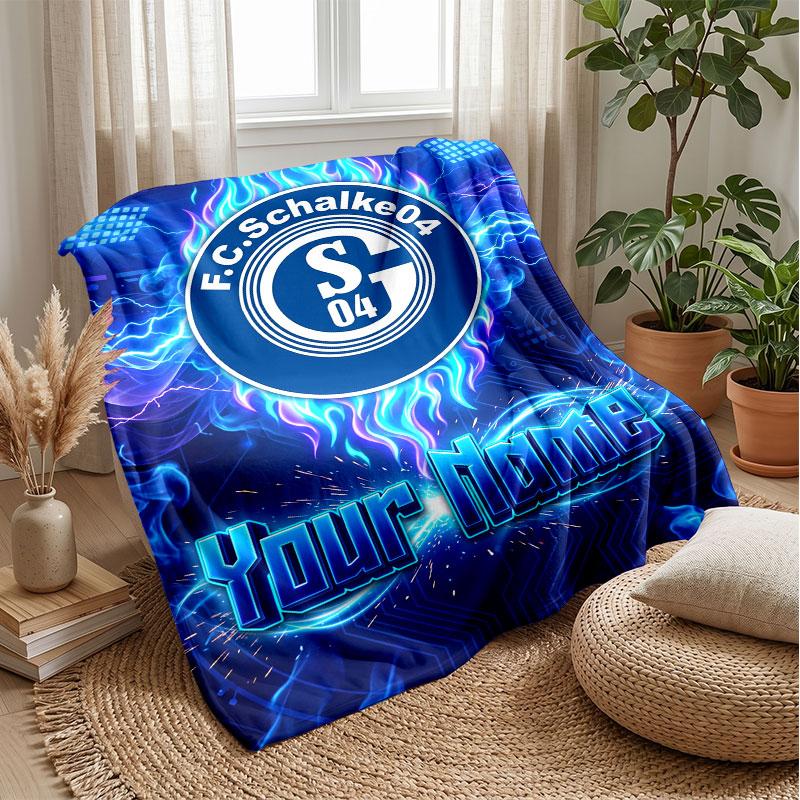 Schalke 04 FC Custom Name Text Flannel Blanket Soccer Logo Personalized Fleece Throw Blanket Special Gift For Sofa Bedroom Home
