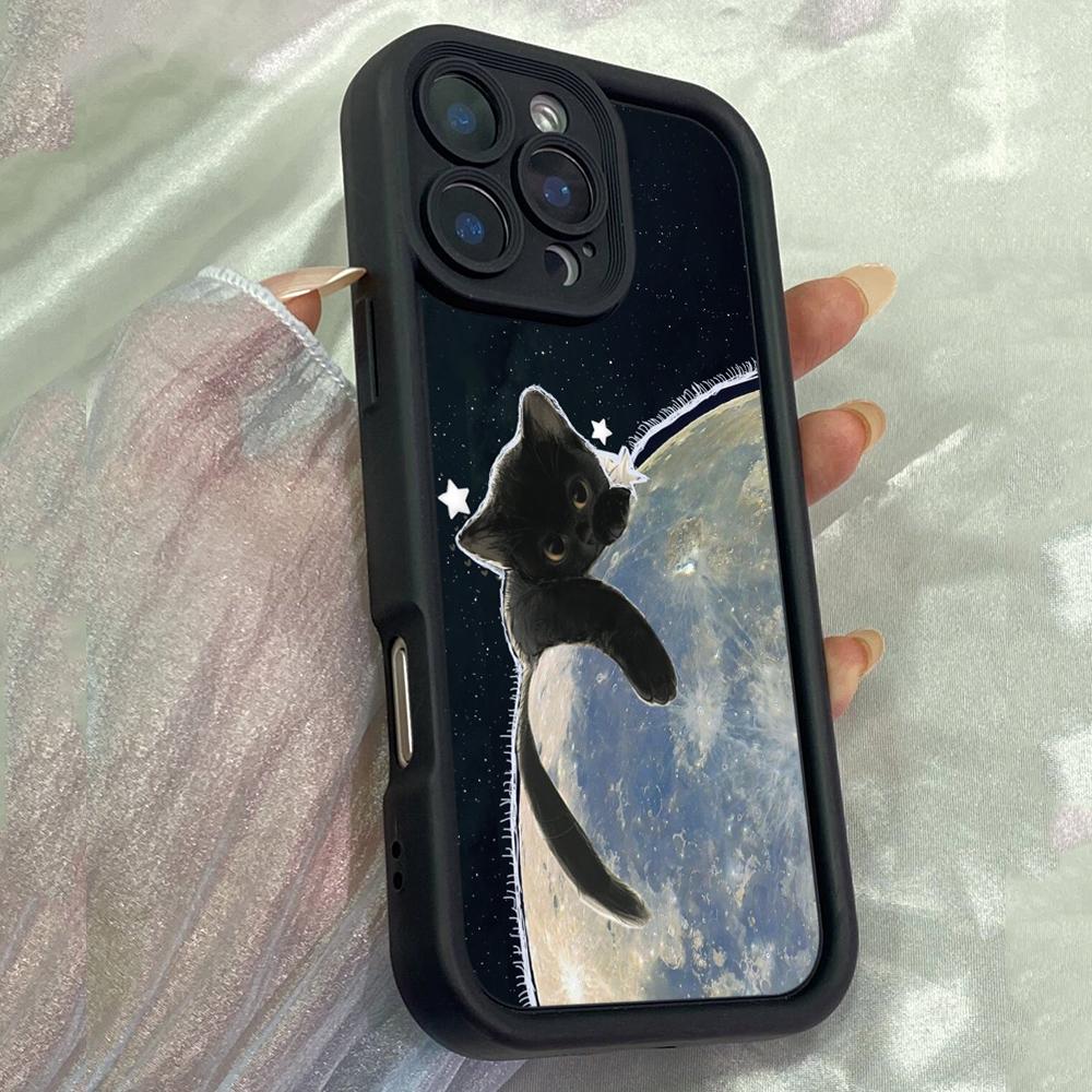JT123 Кошка, обнимающая луну, для iPhone 17 16 15 14 Pro Max Samsung S26 S25 S24 Ultra A17 A16 A07 A56 A06 Xiaomi 15T Redmi 15c 14c Note 13 14 Мягкий чехол из ТПУ