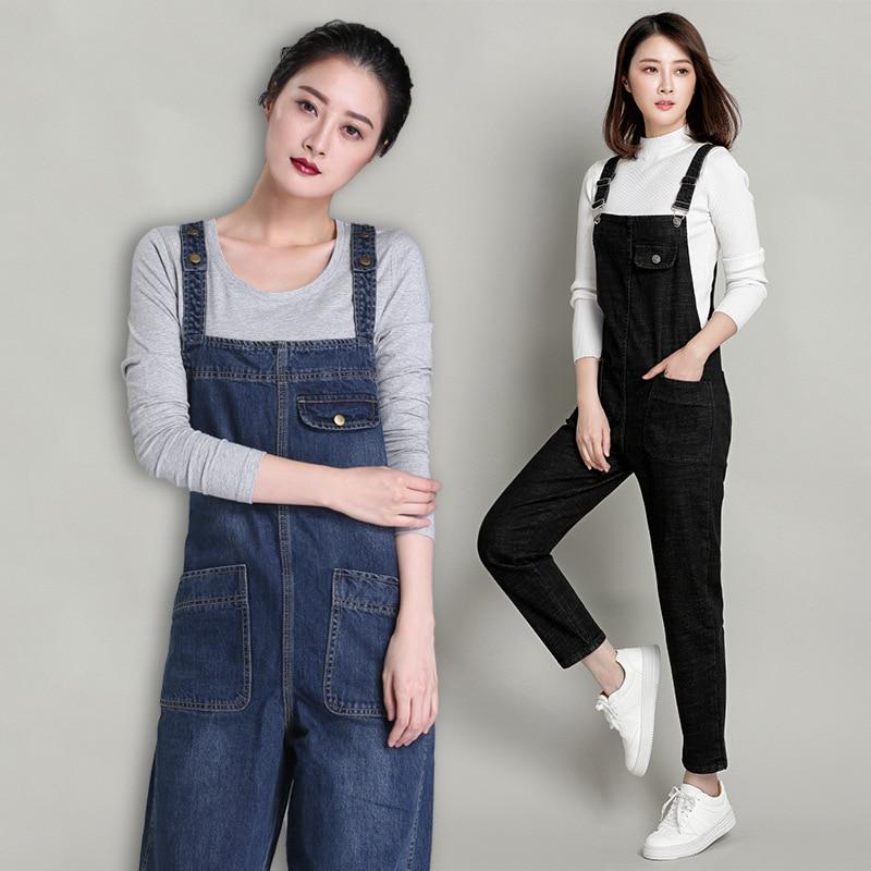 Fashion Loose Pocket Jeans Women Autumn Bib Pants Overalls Shoulder Strap Jumpsuit Large Size Denim Jeans Pants