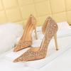 Европейско-американские сексуальные туфли на тонком тонком тонком каблуке, высоком каблуке с заостренным боковым вырезом и блестящими пайетками, 10,5 см