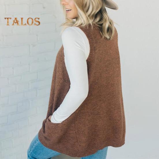 Женский свитер с V-образным вырезом, без рукавов, однотонный вязаный жилет с карманами, ребристая отделка, свободный крой, средняя длина, повседневный трикотаж