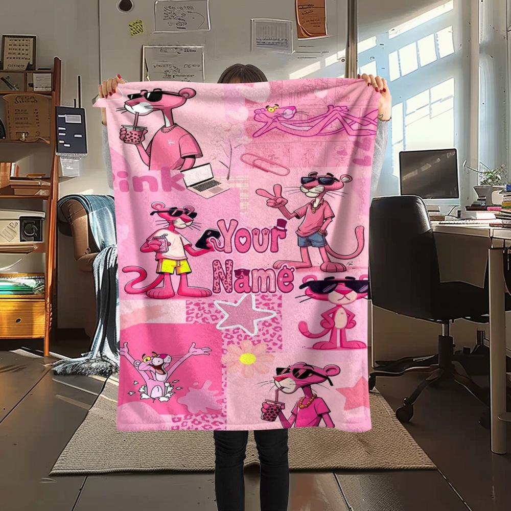 1PC Pink Panther Party Custom Name Patterned Flannel Blanket Suitable For All Seasons For Home Decor Warmth And Comfort Gifts Holiday Present