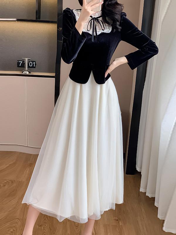 Французское ретро-платье из бархата с многослойной юбкой для весны и осени