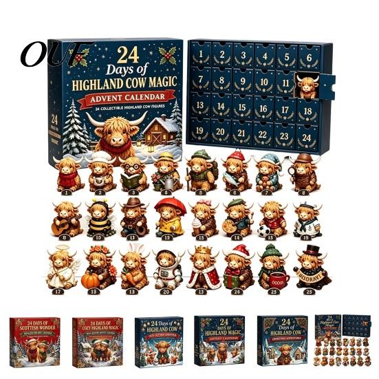 Holiday Countdown Decorations 24 Days of 3D Highland Cow Christmas Advent Calendar, Cute Farm Gift for Boys Girls Cattle Calendar with Mini Figurines