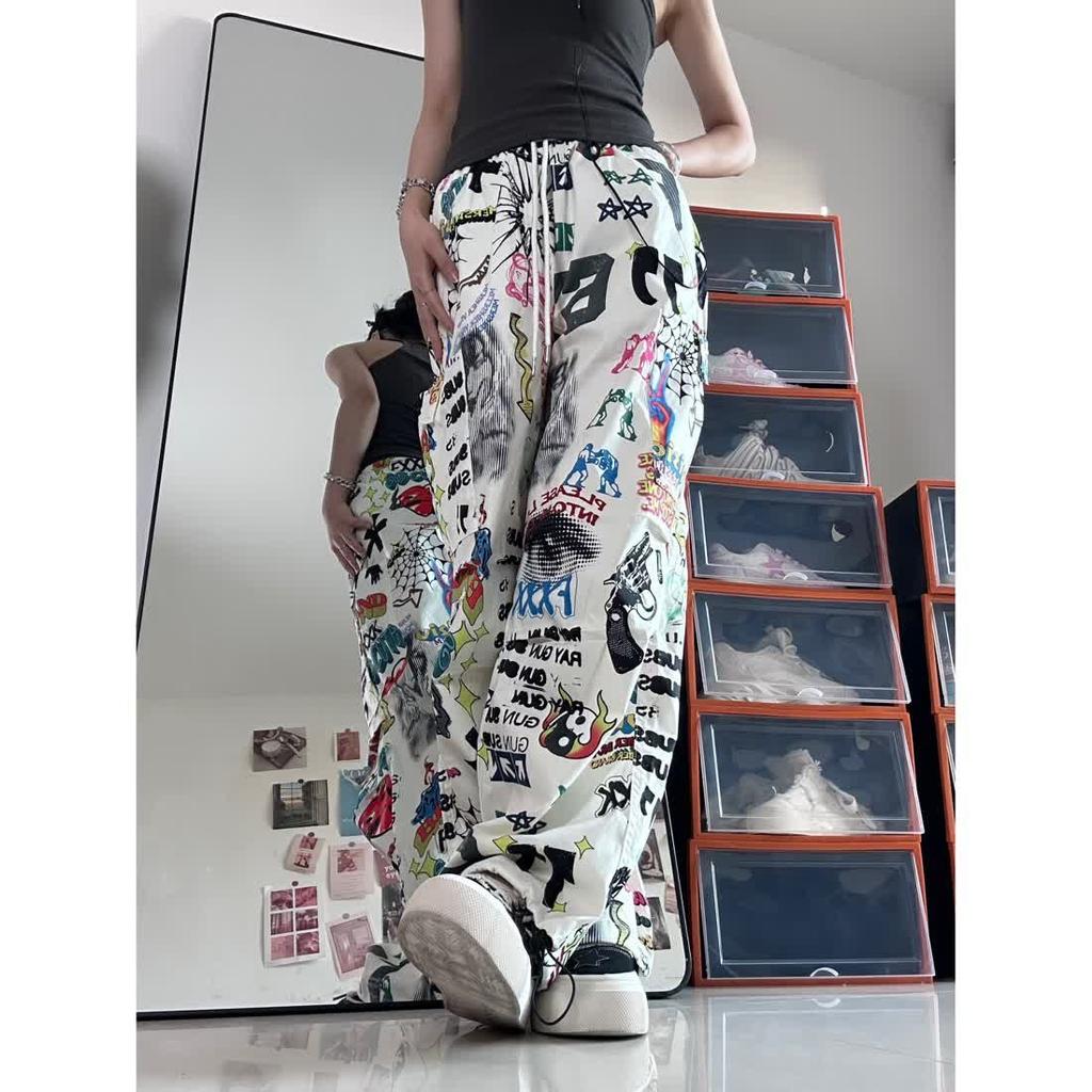 Graffiti Print Women Pants Chic Fashion Harajuku Drawstring Wide Leg Trousers Loose Pantalones Sweatpants Streetwear Korean Y2k