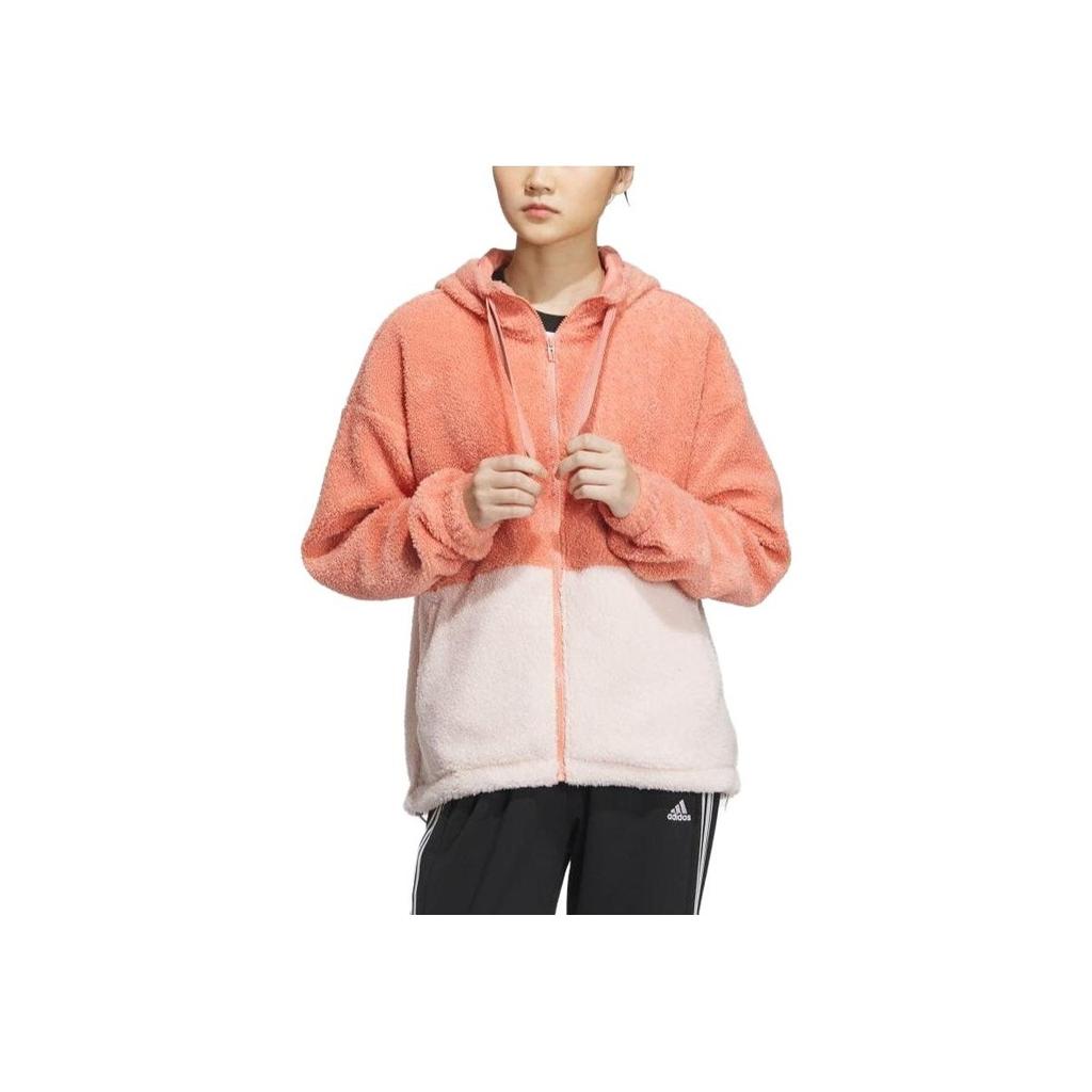 adidas Свободный крой флисовая куртка с капюшоном на молнии с цветными блоками женские куртки оранжевые IK9864