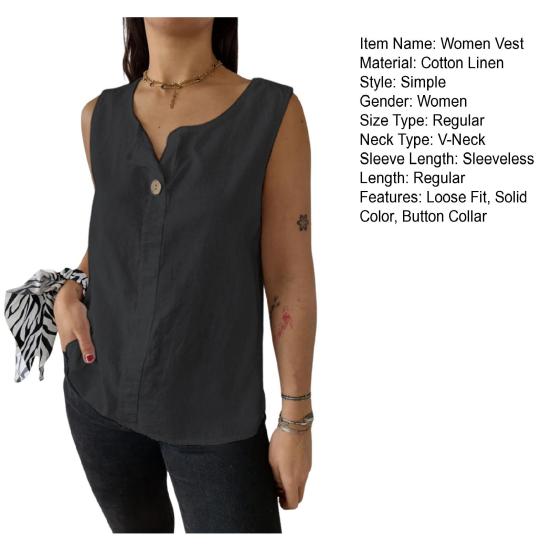 Women Vest Sleeveless Button Decoration Casual Tank Tops Solid Color Cotton Linen Lightweight Breathable Tops