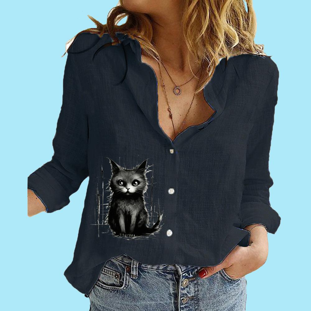 Women Fashion Buttoned Long Sleeve Shirt Ladies Casual Thin Cotton Linen Top Stand-collar Cat Print Long Sleeve Blouse