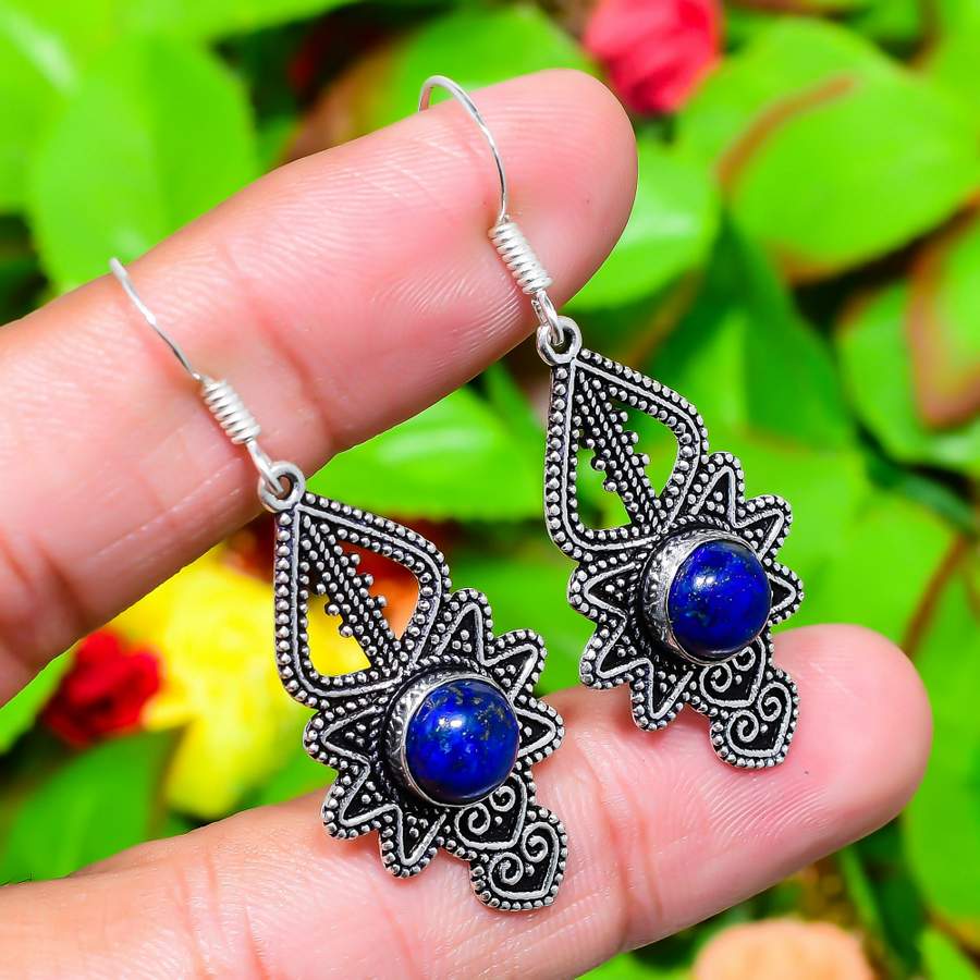 Natural Lapis Lazuli Gemstone 925 Sterling Silver Gift Earring 2.09" Z8c74