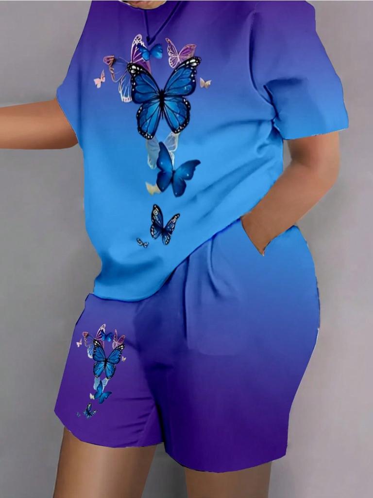 Plus Size Women's Colorful Abstract Print Summer 2-Piece Casual Short Sleeve Round Neck T-Shirt & Shorts Summer Loungewear 6XL