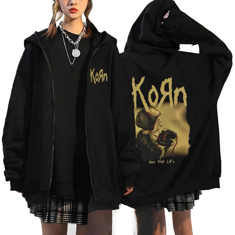 Korn Рок-группа Логотип Письмо Толстовка на молнии Мужская Метал Готика Винтаж Оверсайз Толстовки на молнии Уличная одежда Панк свитшоты Куртка