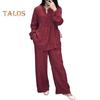 2 Pcs/Set Women Top Pants Suit Round Neck Half Single-breasted Long Sleeves Loose Blouse Wide Leg Pure Color Trousers Casual Pantsuit Sport Clothes