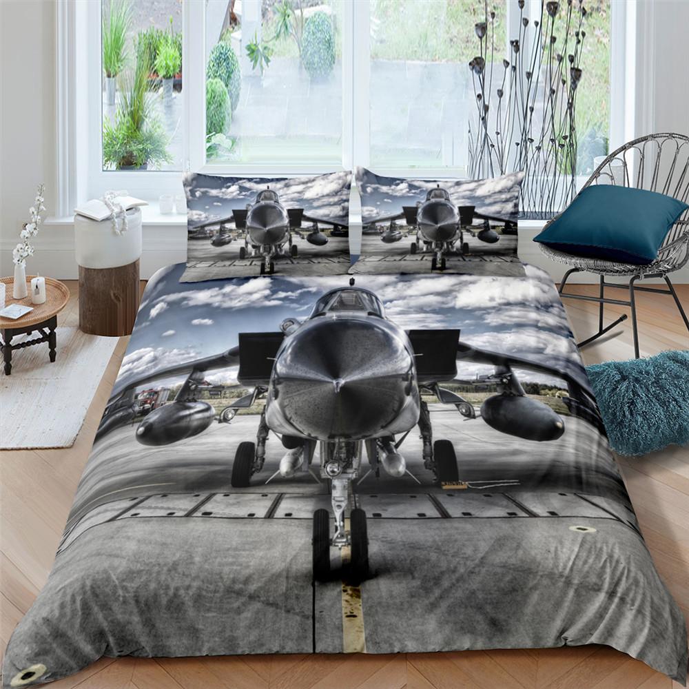 3D Aircraft Bedding Set, Transportation Tools, Quilts, Pillowcases, 2/3 Pieces, DE135 * 200, Boys' Room, Full Size, Soft, Zippered Bedroom Decoration