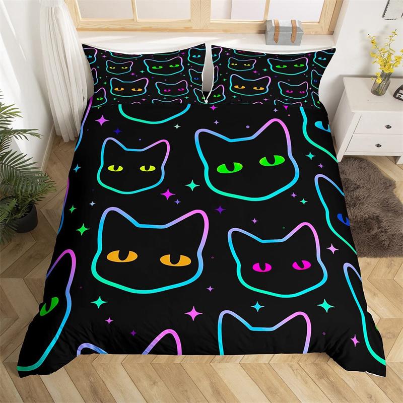 Boho Красочный Кот Пододеяльник Комплект Кошки Звезда Гриб Постельное белье Микрофибра 3D Kawaii Животные Одеяло Покрывало Твин Для Детей Мальчиков