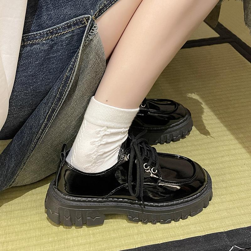 2024 Spring/Summer New Retro British Style Versatile Women's Shoes Black Heightened Lace Up Small Leather Shoes for Women