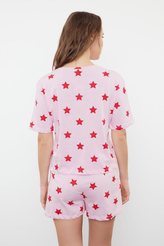 Women's Fashion Pink-Multicolored 100% Cotton Star Patterned T-shirt-Shorts Knitted Pajama Set
