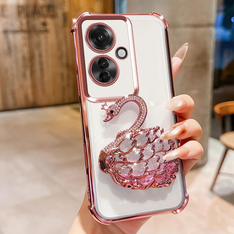 KEYSION Противоударный чехол с гальваническим покрытием для OPPO Reno11 F 5G Прозрачный ТПУ с блестками, инкрустированный драгоценными камнями, подставка в виде лебедя, задняя крышка для OPPO Reno11F 5G