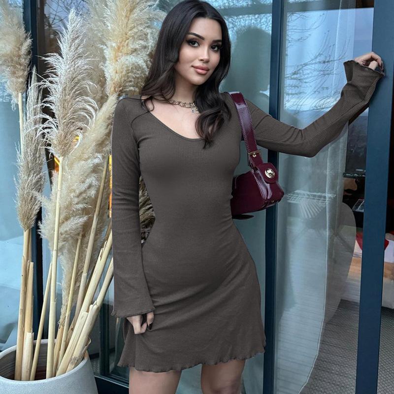Стиль Женское Летнее Новое Однотонное В рубчик Модное Платье с Длинным Рукавом и Талией