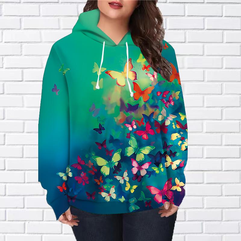 Женская мода Зеленый Танцующая Бабочка Принт Свободные Толстовки Топы Блузка Свитшот Повседневный Длинный Рукав Пуловер Топы