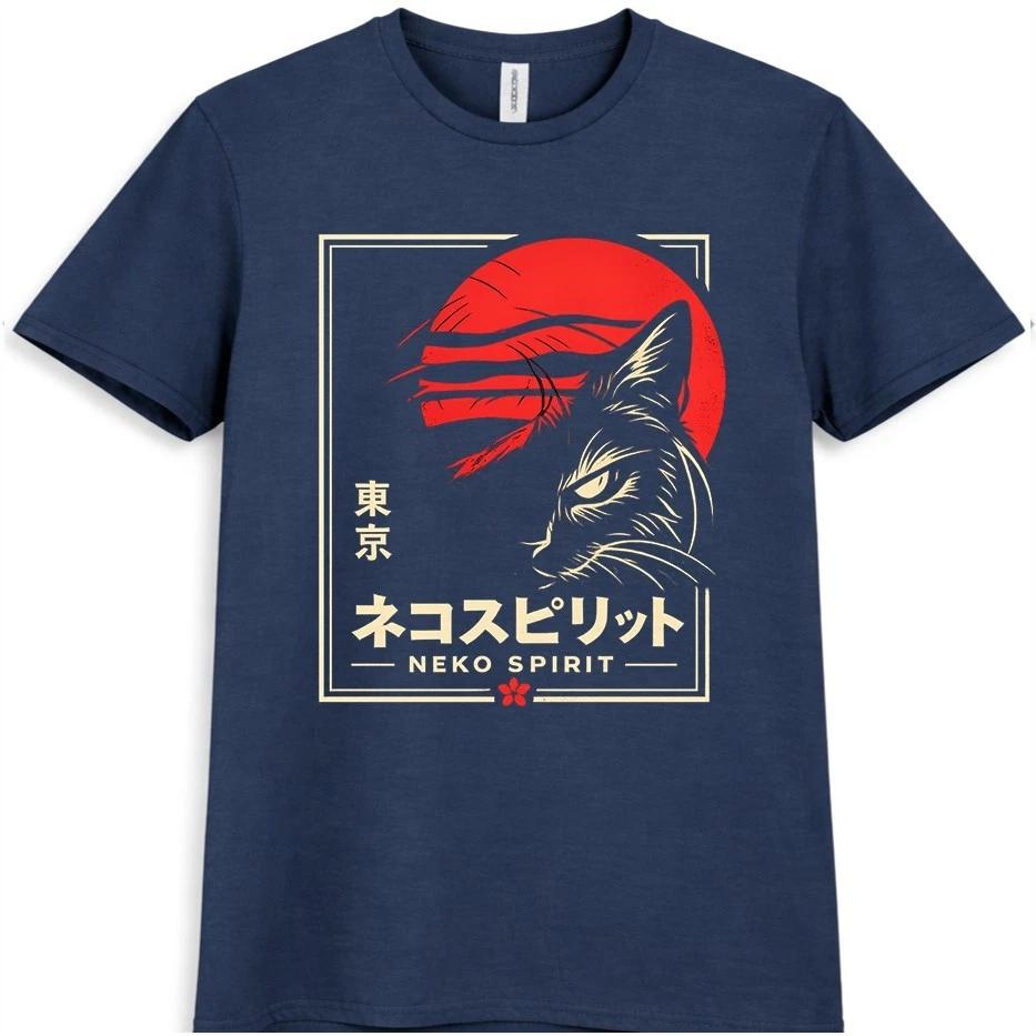 Neko Spirit Japanese Cat Tokyo Kanji Rising Sun Streetwear Graphic T-Shirt. 2