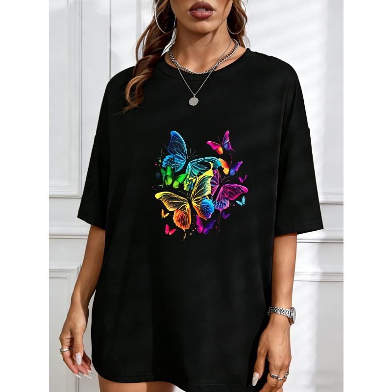 Butterfly Print T Shirt White Colorful Butterflies Pattern Casual Wear For Women Summer Outfit Fashion Top