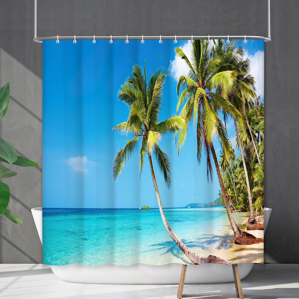 Shower Curtain Waterproof And Mildew-Proof Coconut Tree Beach Beach Bathroom Shower Curtain Shower Curtain Partition Curtain Free Punching