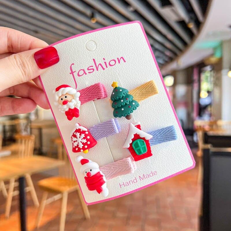 5pcs Children Christmas Hairpin Cute Snowman Christmas Tree Fabric Hair Clips Headwear Kids Hair Accessories Girls Gifts