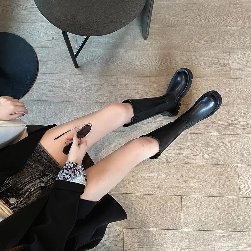 Женская обувь 2024 года, женские сапоги до колена, современные сапоги на платформе, женские с круглым носком, с застежкой-молнией сзади, на среднем каблуке, женские, Zapatos