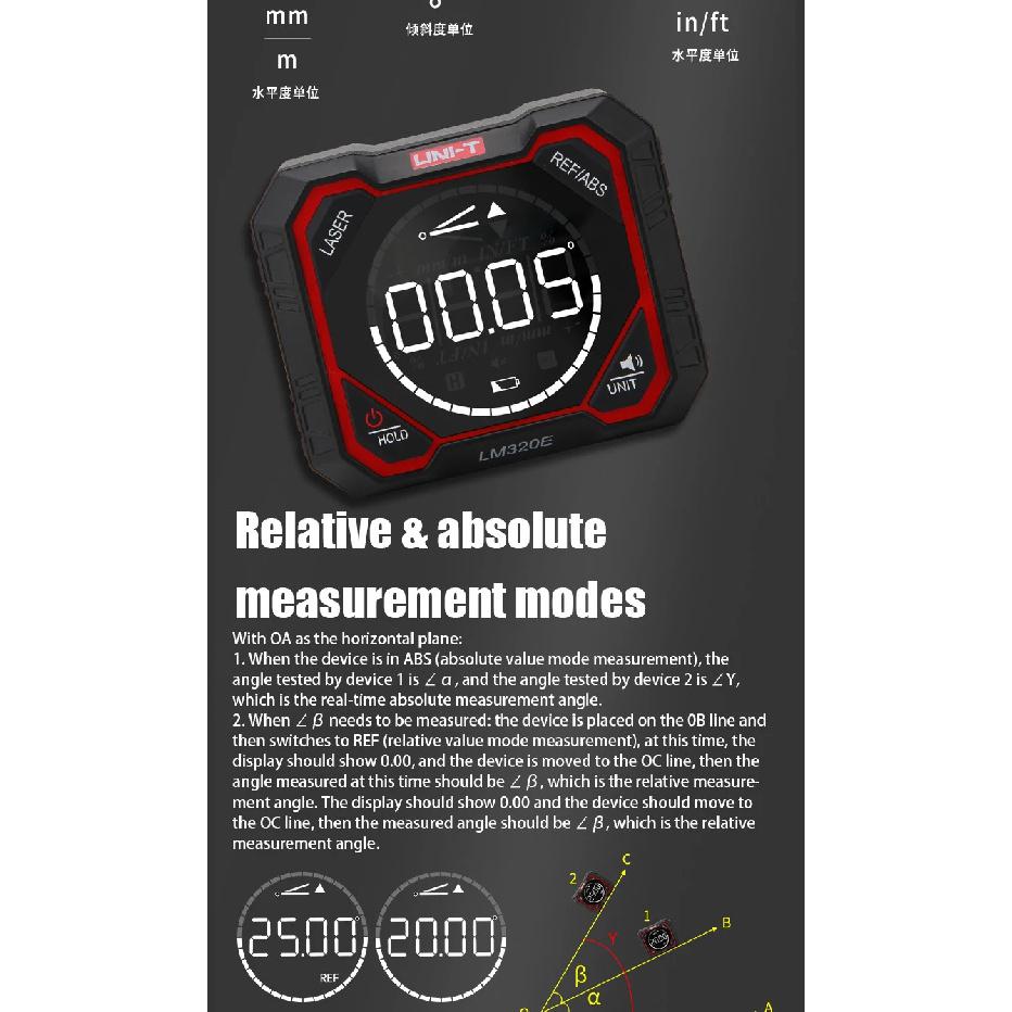 UNI-T LM320F/E/D Digital Inclinometer Laser Angle Meter High Precision 4x90° Relative & Absolute Measure Magnetic Inclinometer