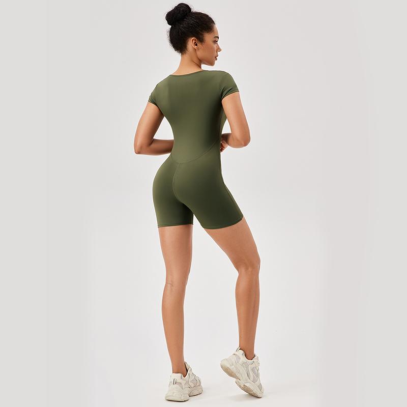European And American Tight-fitting Sports Jumpsuits With Short Sleeves Square Collar Nude Training Running Yoga Fitness Jumpsuit